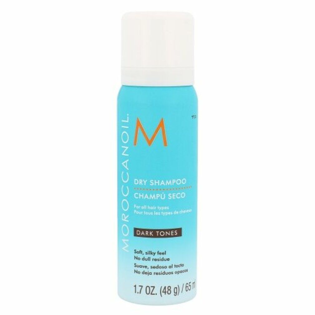 Flacone spray turchese con tappo bianco. Scritta: Dry Shampoo, Dark Tones. Marca: Moroccanoil. Volume: 1.7 oz (48 g) / 65 ml.