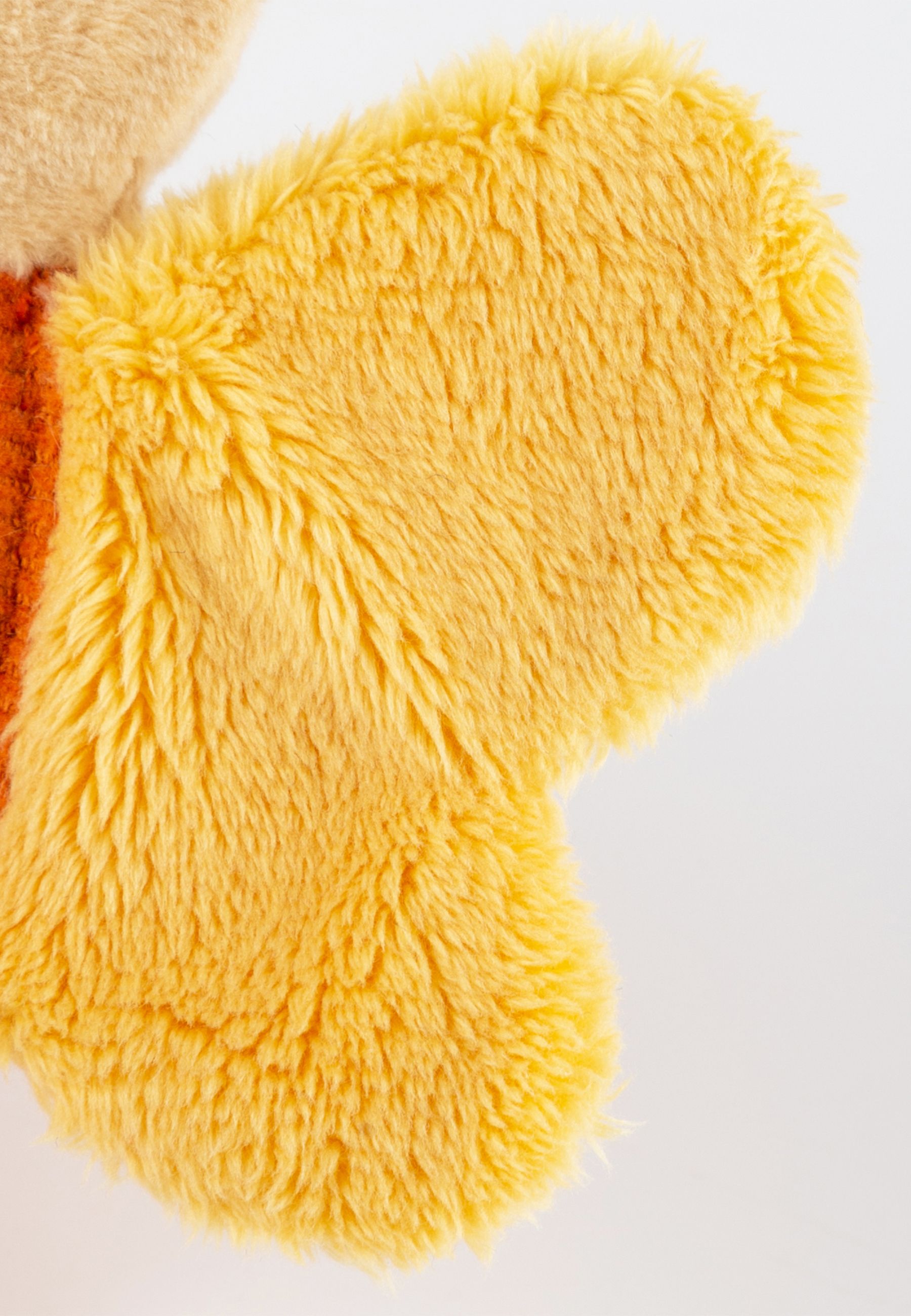 Primo piano di un'ala gialla della farfalla. Tessuto soffice. Corpo arancione sullo sfondo.