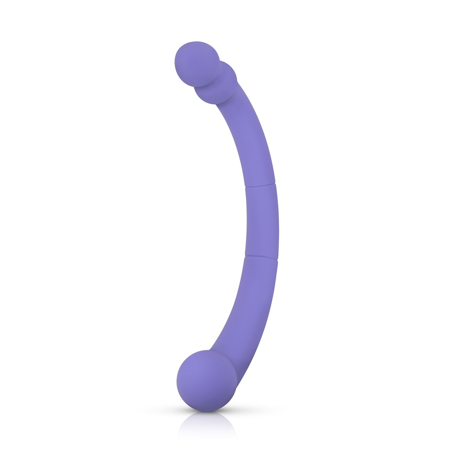 Prodotto benessere viola »Leah«. Forma curva con due sfere alle estremità e tre segmenti. Su sfondo bianco.