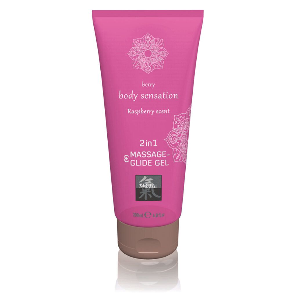 Tubo rosa con gel massaggio e scivolamento. Scritta: berry body sensation, profumo lampone. 2in1 Massage- & Glide Gel.