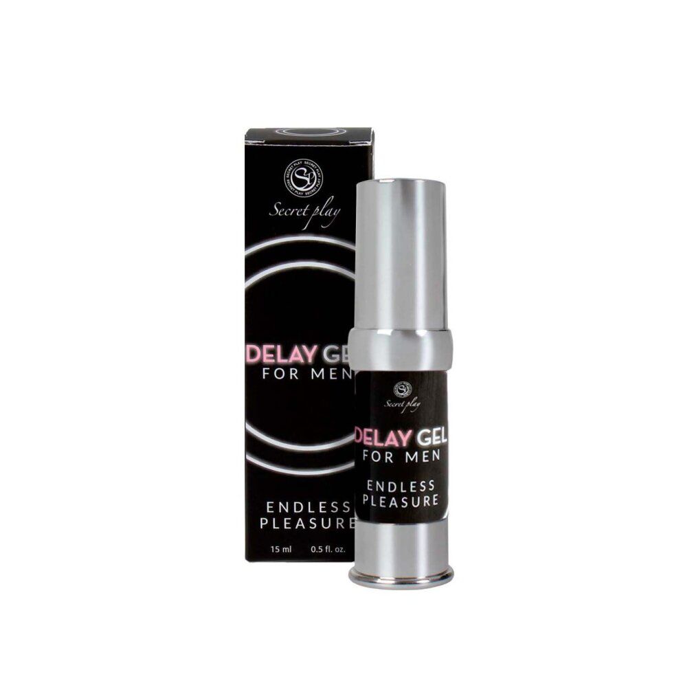Flacone e scatola neri. Scritta: DELAY GEL FOR MEN, ENDLESS PLEASURE. Logo: clessidra.