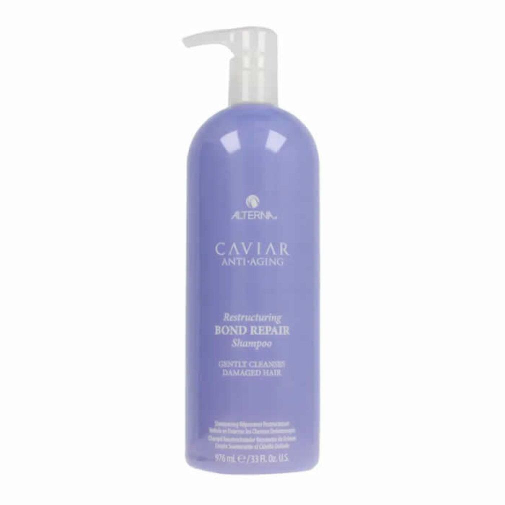 Flacone viola con dispenser a pompa: Alterna Caviar Anti-Aging Restructuring Bond Repair Shampoo.