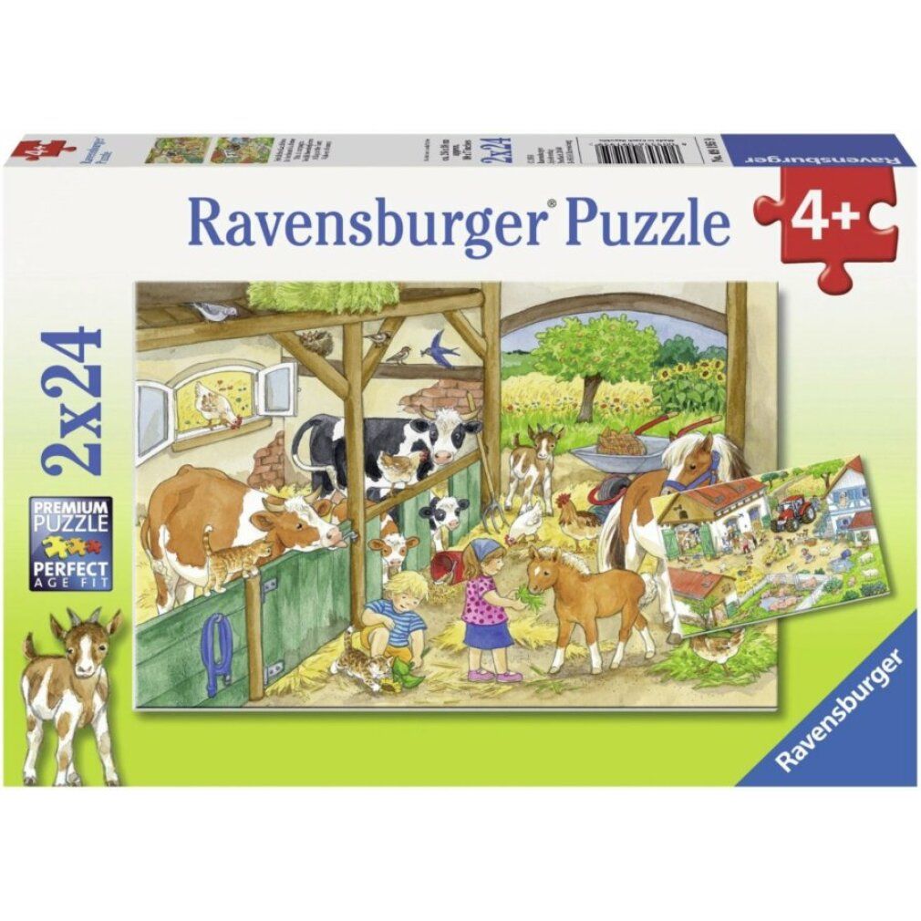 Scatola puzzle con motivo fattoria. Contiene 2 puzzle da 24 pezzi ciascuno. Puzzle Ravensburger, 4+.