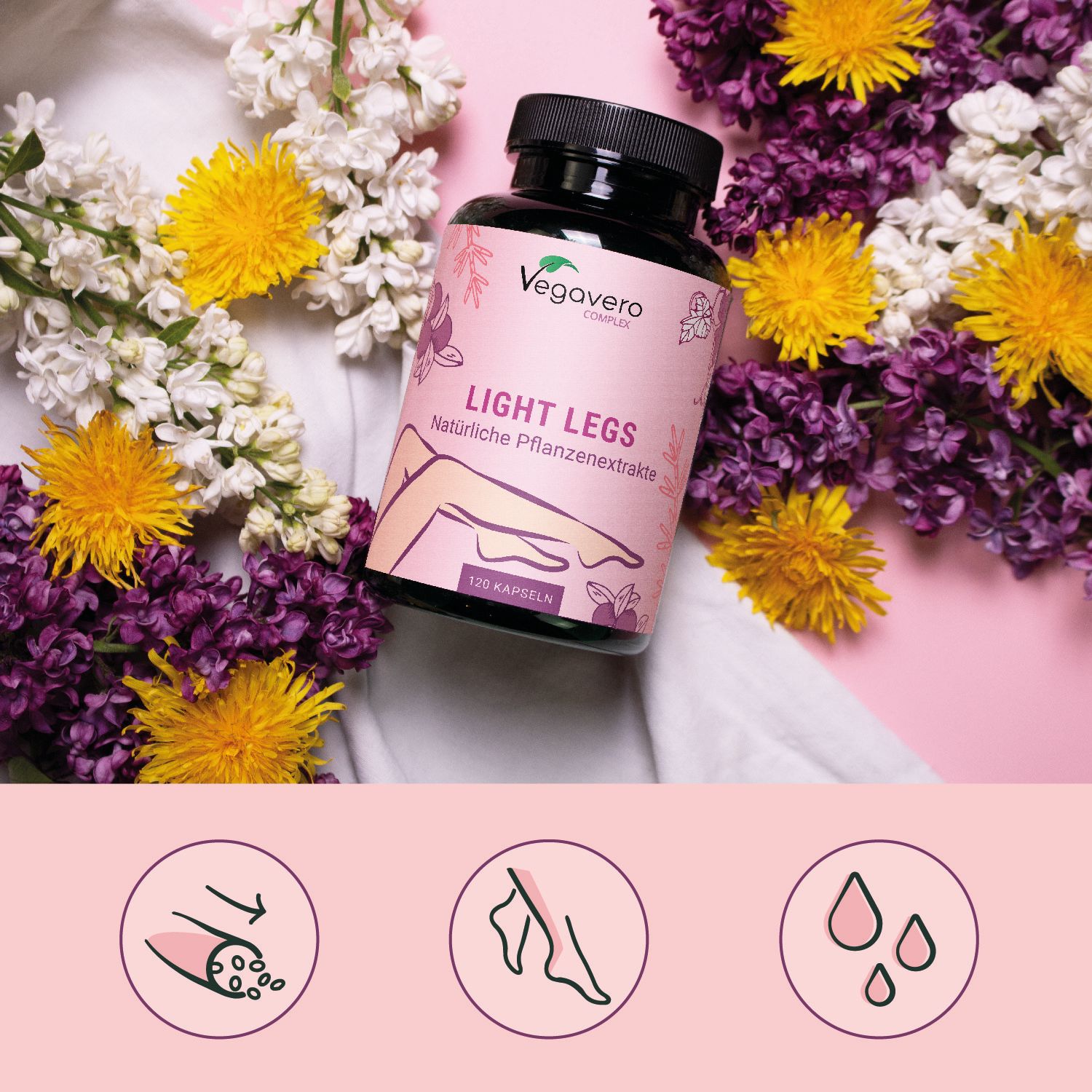 Flacone di capsule circondato da fiori. Sfondo rosa. Illustrazioni: piede, gamba, gocce d'acqua. Logo vegano.