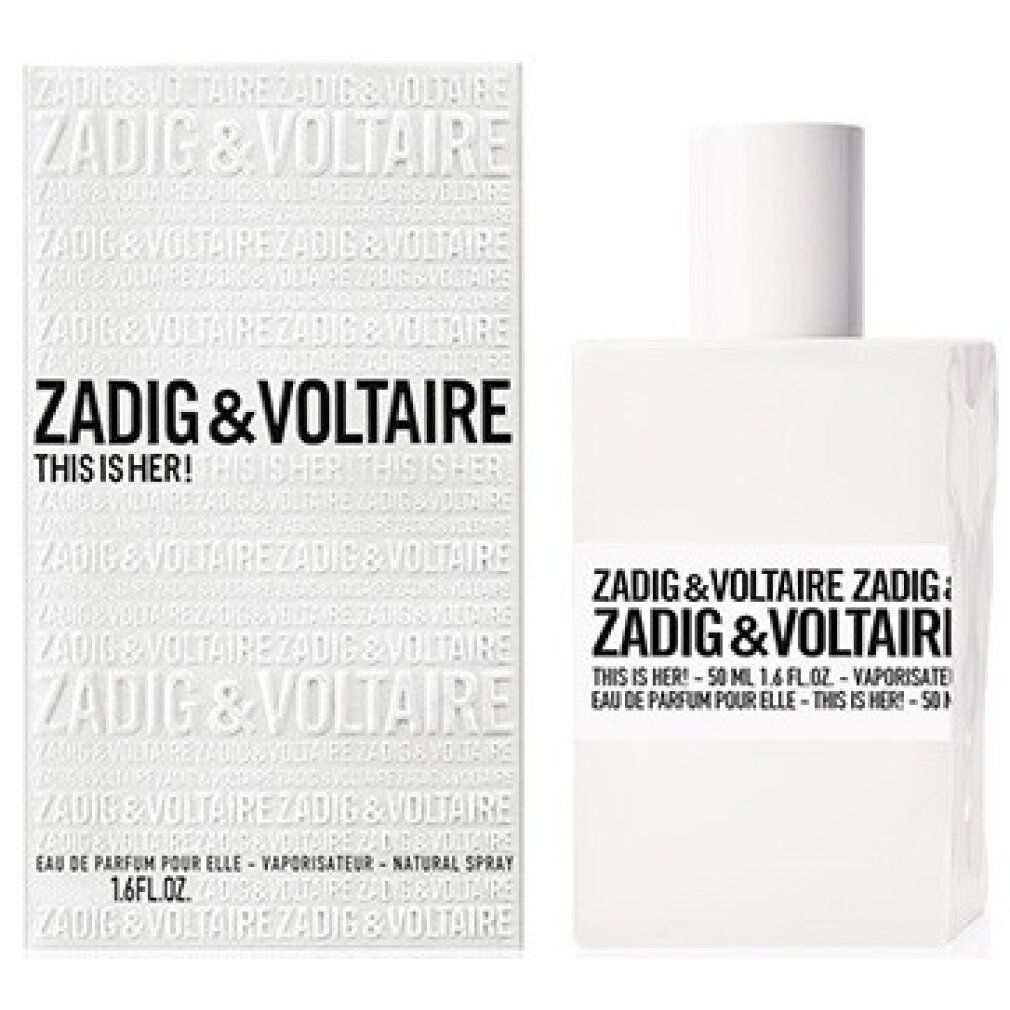 Flacone bianco e confezione. Scritta: Zadig & Voltaire, This is Her! e altri dettagli.