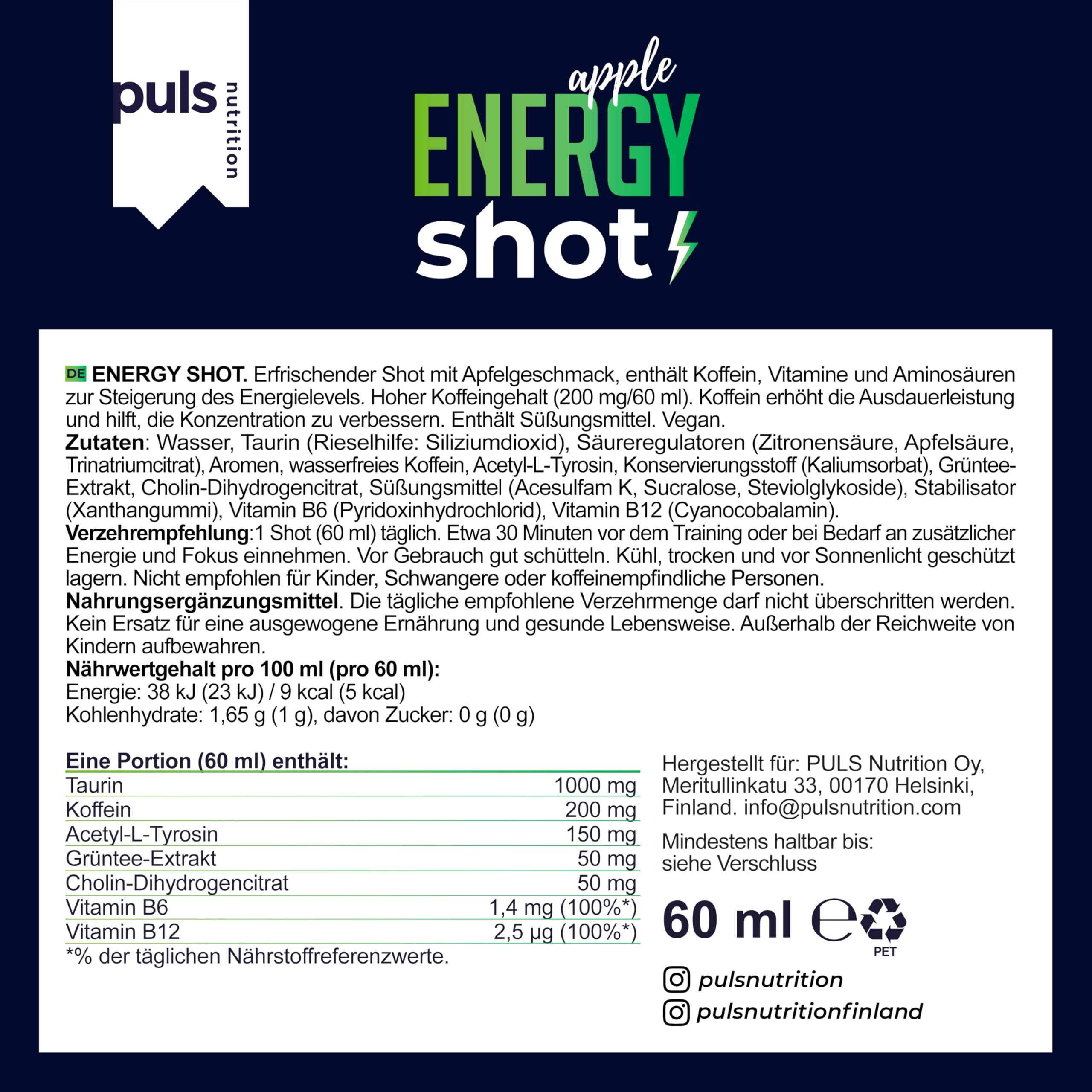 Retro di una bottiglia Puls Nutrition Energy Shot Mela con informazioni nutrizionali e ingredienti.