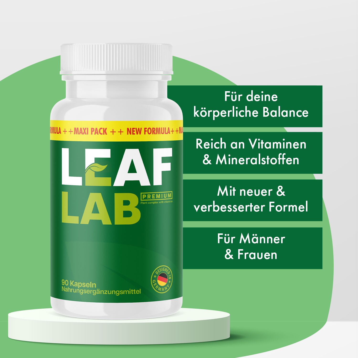 Flacone bianco con scritta verde Leaf Lab Premium. Testi: equilibrio, vitamine, nuova formula, per uomini e donne.