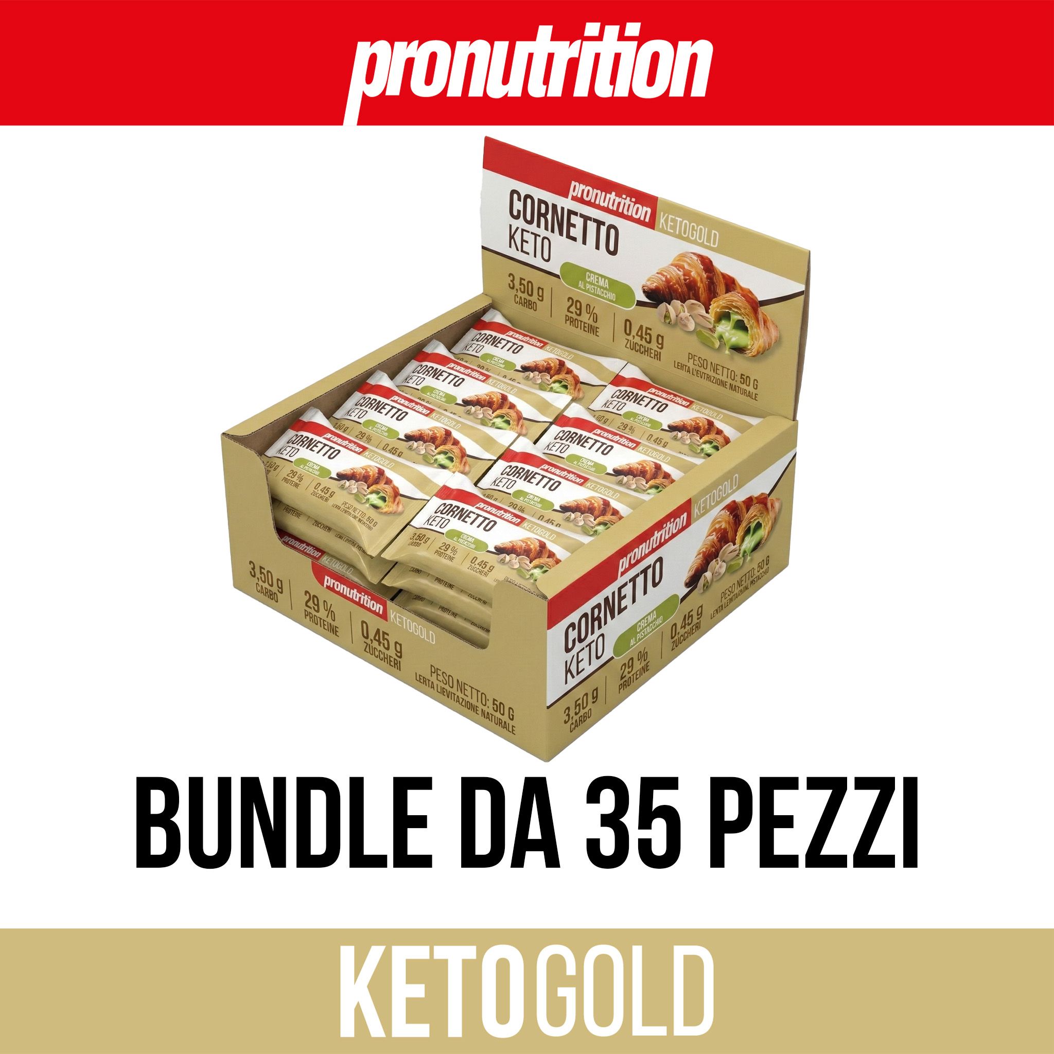 Scatola di Pronutrition Cornetto Keto. Scritto: Bundle da 35 pezzi. Scritta: Ketogold.