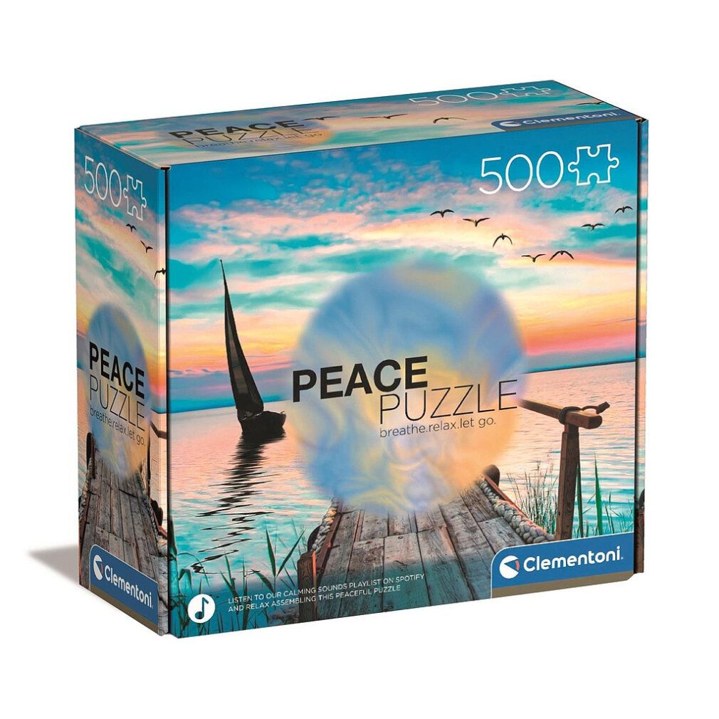 Scatola puzzle da 500 pezzi. Immagine di lago con barca a vela, pontile e tramonto. Marchio: Clementoni. Testo: Peace Puzzle.