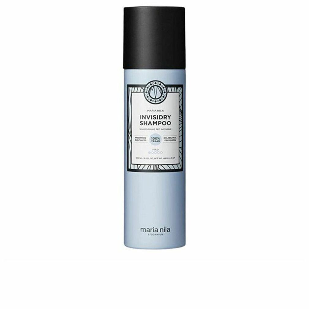 Maria Nila Invisidry Shampoo. Flacone azzurro con tappo nero. Etichetta con logo e testo. Vegano, senza glutine.