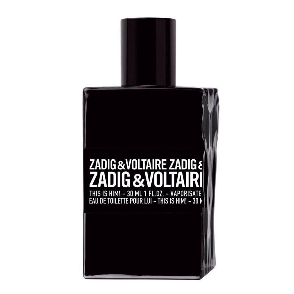 Flacone nero con etichetta bianca. Scritta: ZADIG & VOLTAIRE THIS IS HIM! Eau de Toilette.