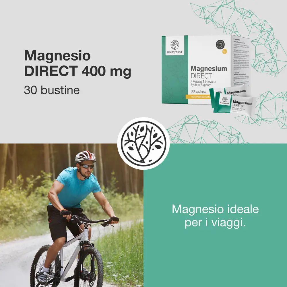 Ciclista su sentiero nel bosco. Magnesium DIRECT 400 mg, 30 bustine. Marchio HealthyWorld. Testo: Magnesio ideale per i viaggi.