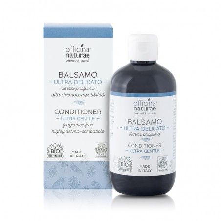 Flacone e scatola grigi. Scritta: Balsamo Ultra Delicato, Conditioner Ultra Gentle. Certificazione Bio. Prodotto in Italia.