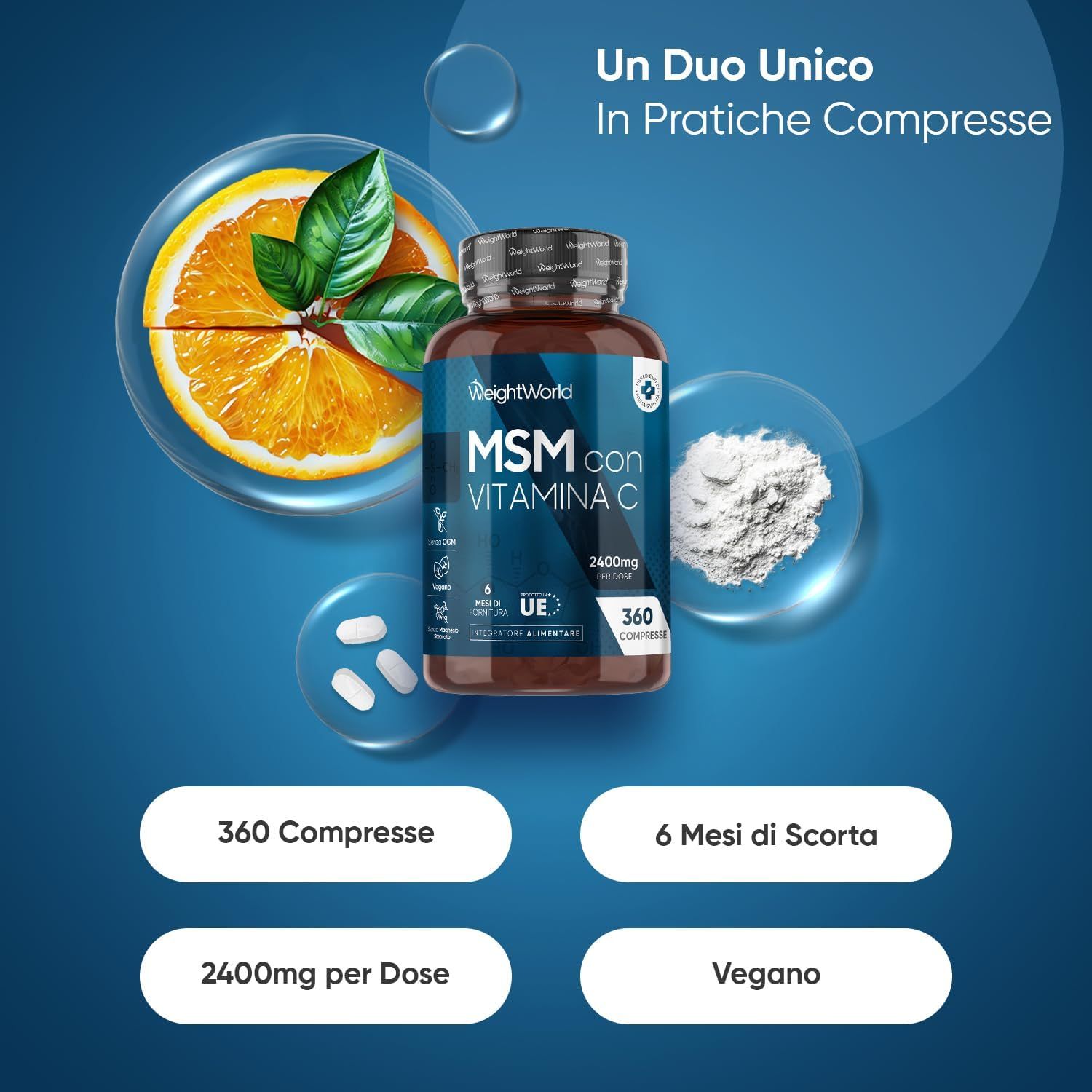 Mezza arancia. Flacone MSM con VITAMINA C. 360 compresse, 6 mesi di scorta. 2400mg per dose.