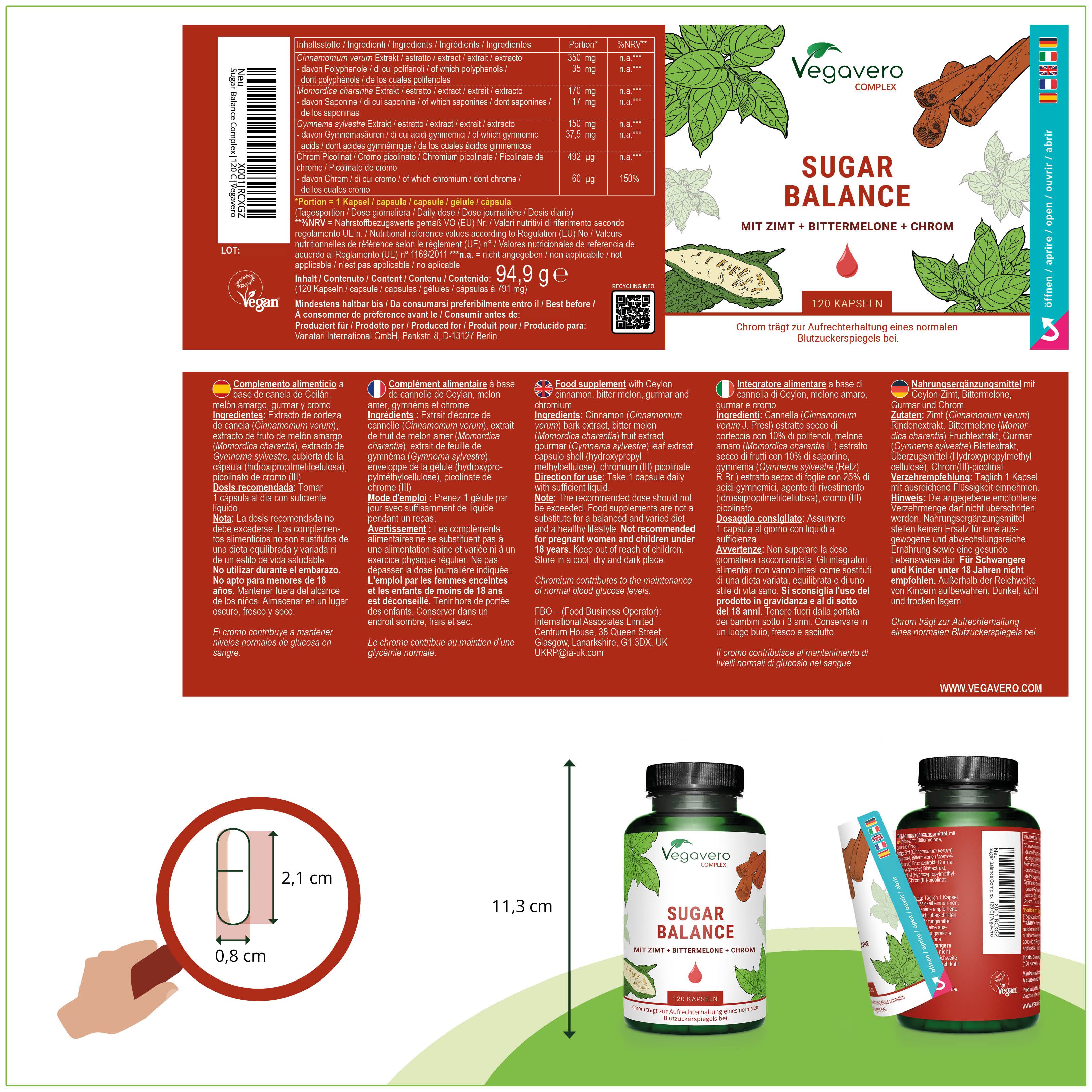 Confezione del prodotto con informazioni. Flacone di capsule, 2,1 cm x 0,8 cm. Scritta: Sugar Balance. Vegavaro. 94,9 g.