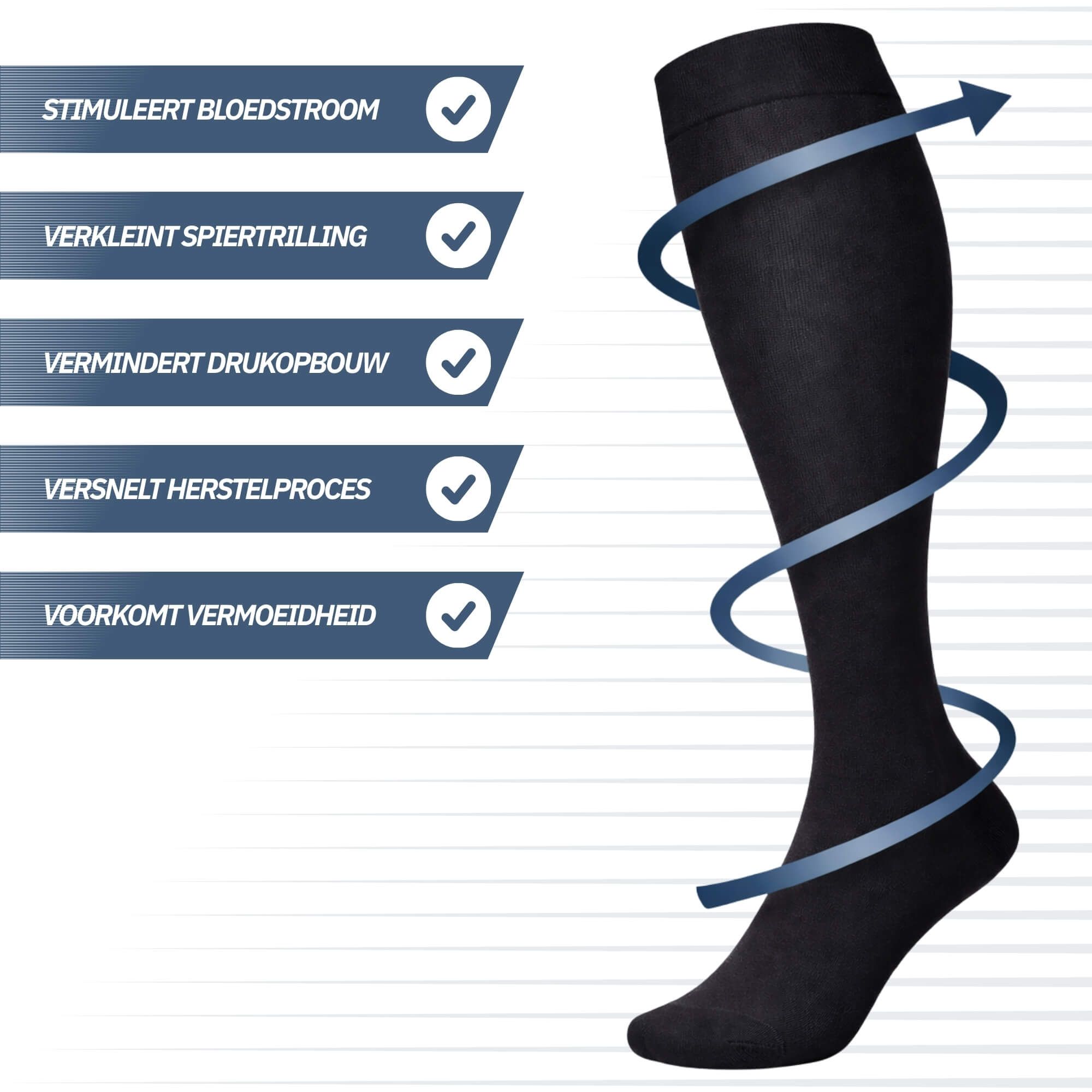 Primo piano di gambe in calze a compressione nere con caratteristiche.