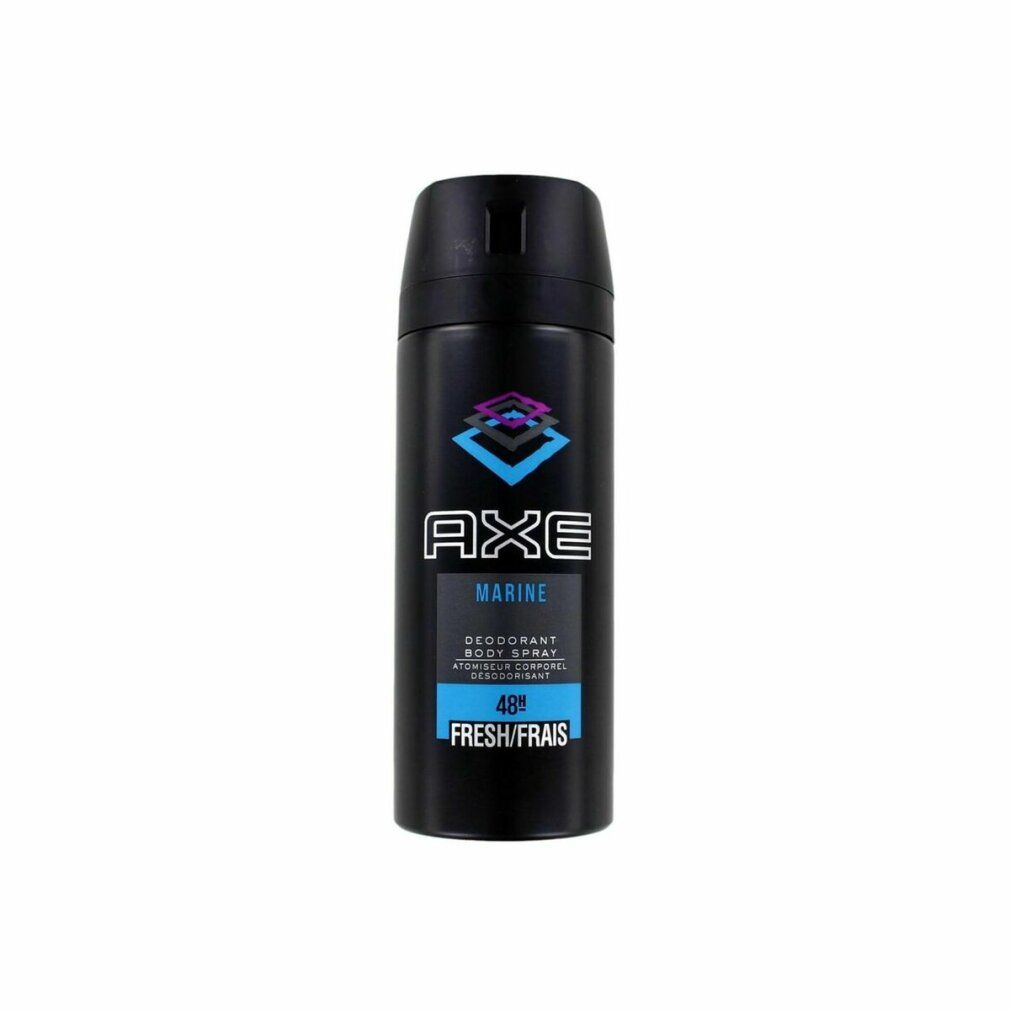 Axe Marine Deodorant Spray. Bomboletta spray nera con logo blu e rosa. Testo: Marine, Deodorant, 48h Fresh/Frais.