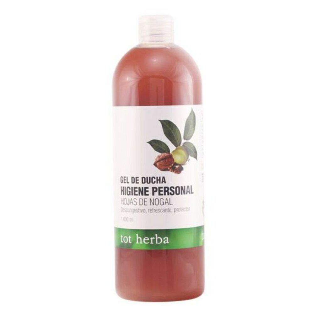 Flacone di gel doccia rosso. Etichetta con nome del prodotto e illustrazione di noci. Marca: tot herba. 1000 ml.