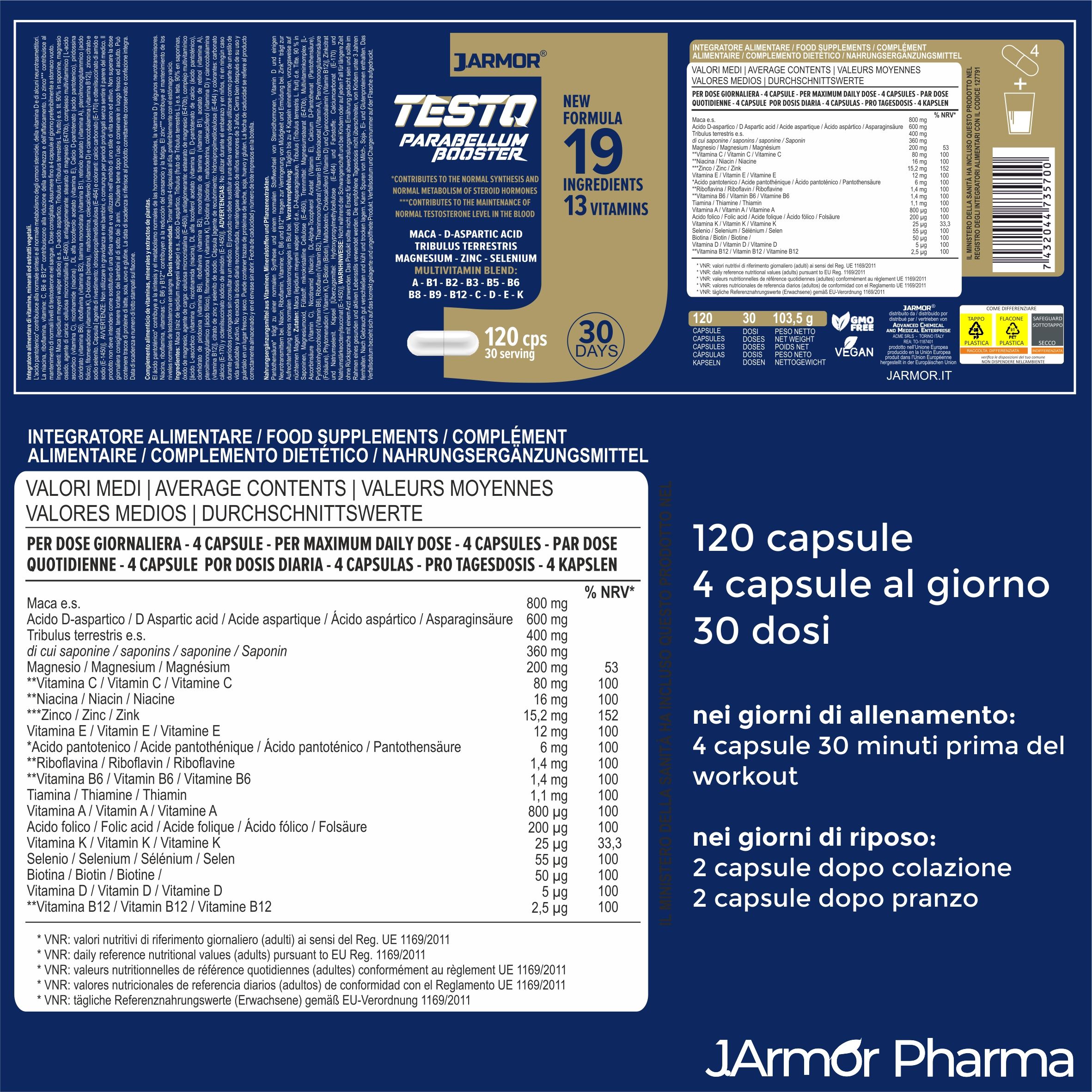 Primo piano del retro di un flacone di capsule. Contiene informazioni sugli ingredienti e il dosaggio.