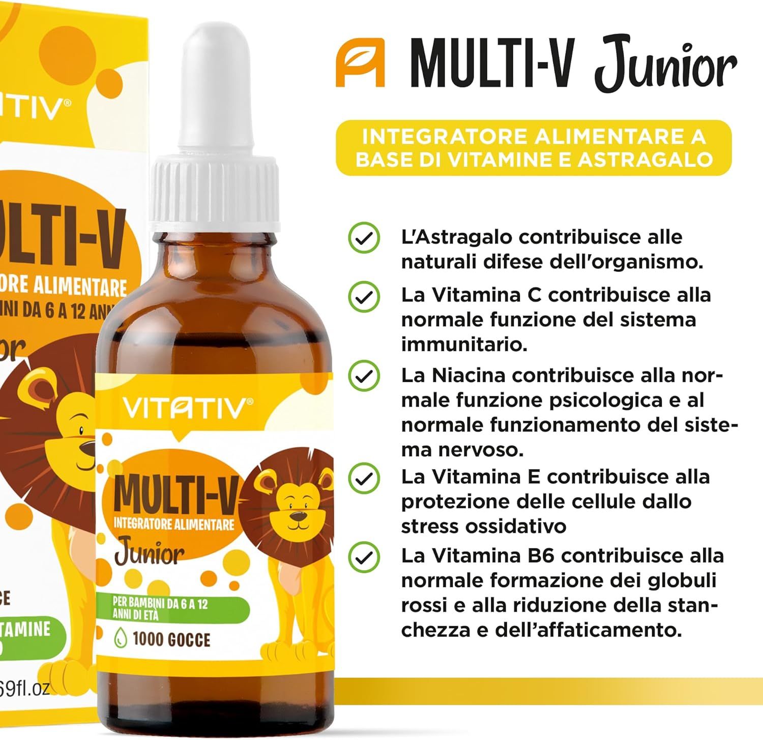 Flacone VITATIV® MULTI-V Junior. Contiene vitamine e astragalo. Testo sui benefici.
