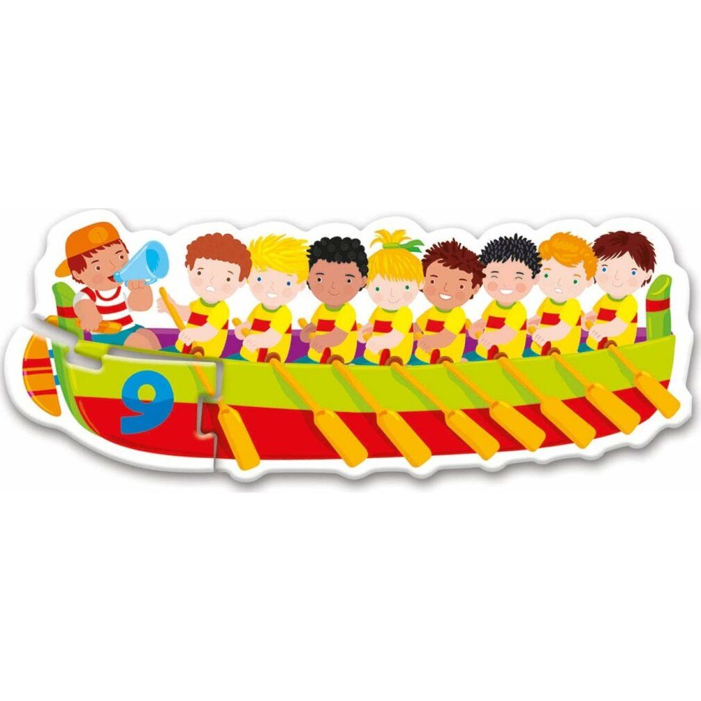 Puzzle con illustrazione di una barca e il numero 9. Contiene 9 personaggi. Per bambini.