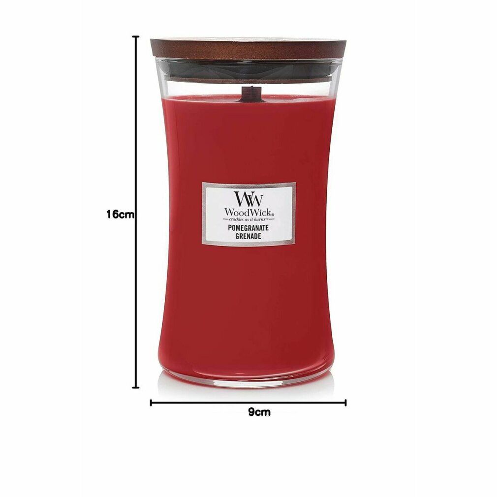 Candela rossa in vetro con coperchio in legno. Dimensioni: 16cm altezza, 9cm larghezza. Etichetta "WoodWick".