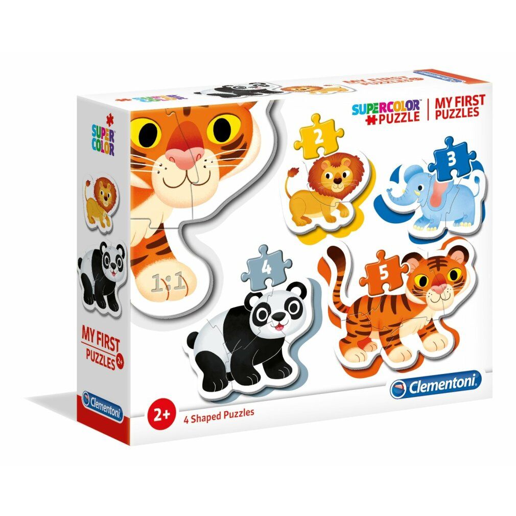 Set di puzzle con immagini di animali. I pezzi del puzzle mostrano un leone, un elefante, un panda e una tigre. I pezzi del puzzle sono numerati.