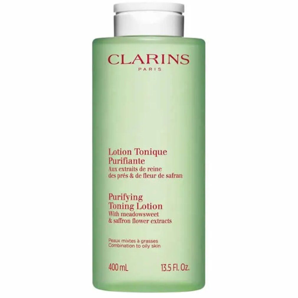 Flacone verde con tappo bianco. Testo: Clarins Paris, Lotion Tonique Purifiante, Purifying Toning Lotion. 400 ml, 13.5 FL. OZ.
