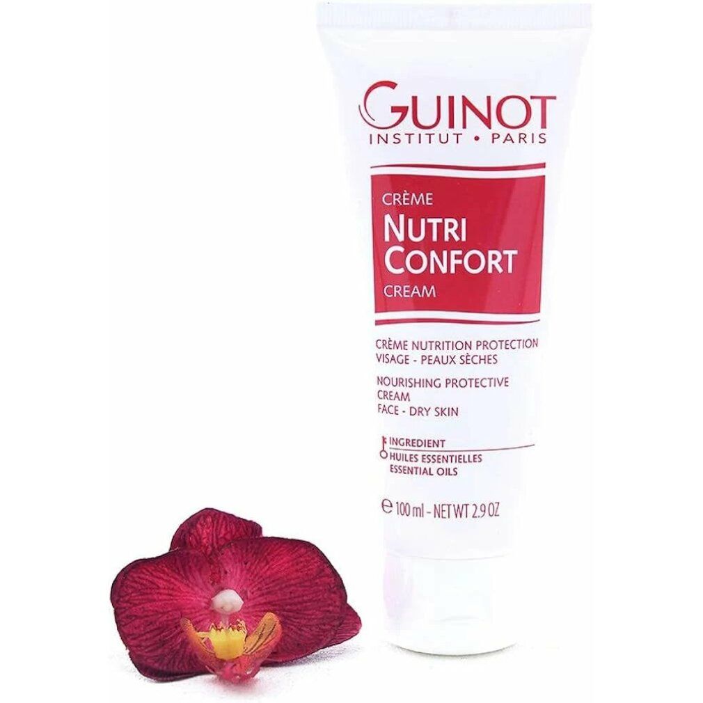 Tubo bianco con etichetta rossa. Scritta: Crème Nutri Confort, Guinot. Per pelli secche. Con orchidea.