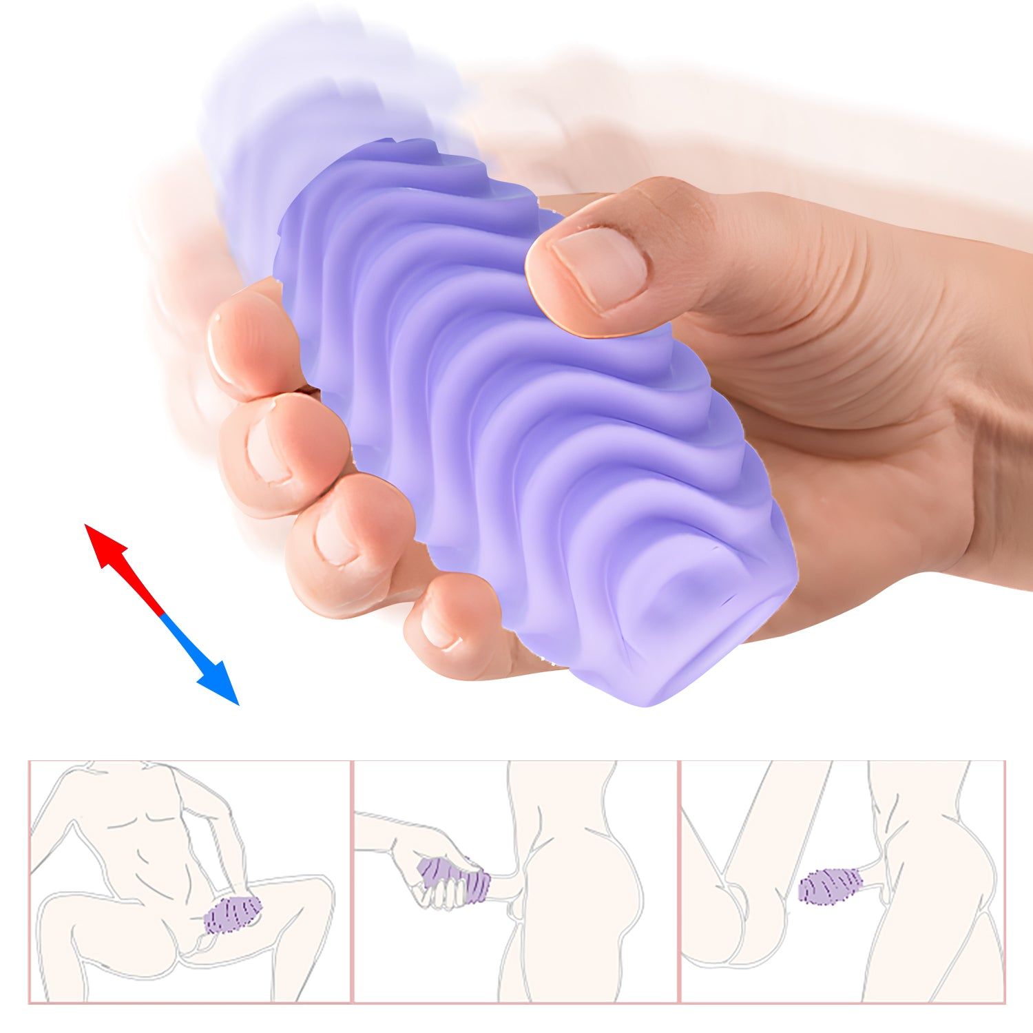 Persona che tiene in mano un prodotto viola a forma di uovo. Frecce che indicano la direzione del movimento. Illustrazioni d'uso.