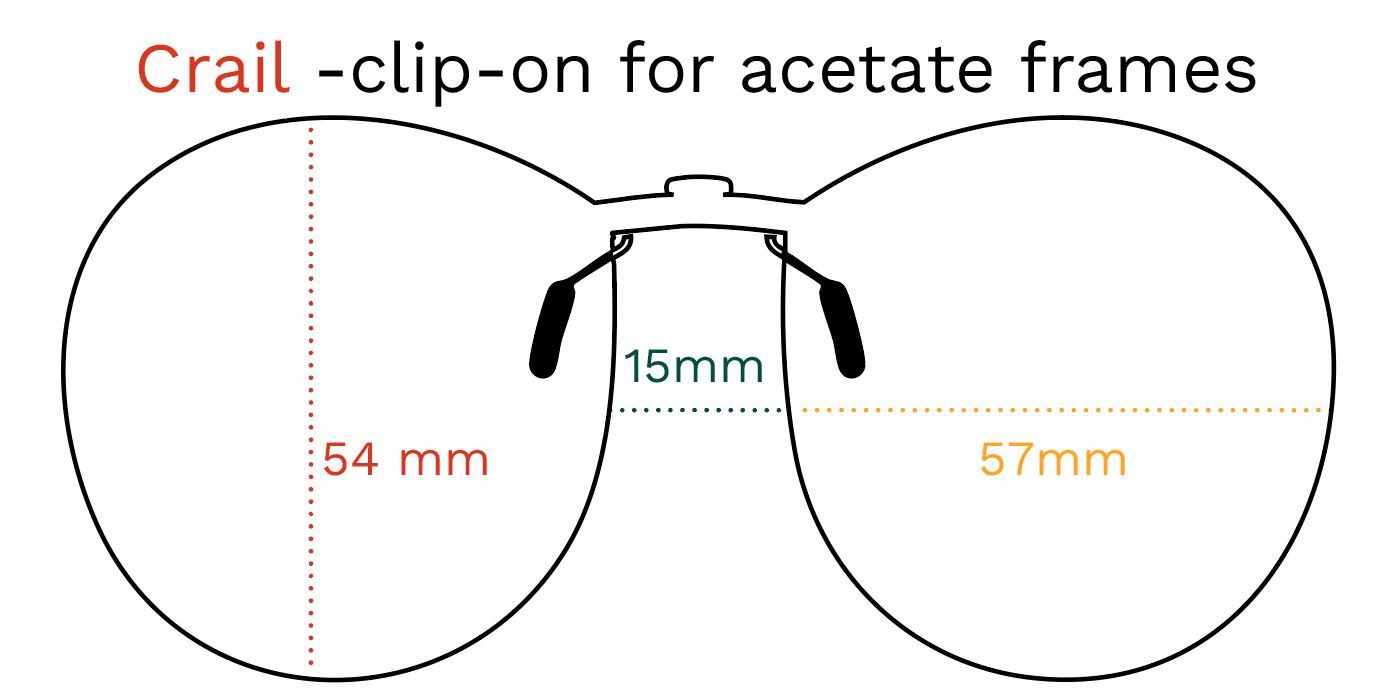 Schizzo del clip-on Crail per montature in acetato. Dimensioni: 54mm, 57mm, 15mm.
