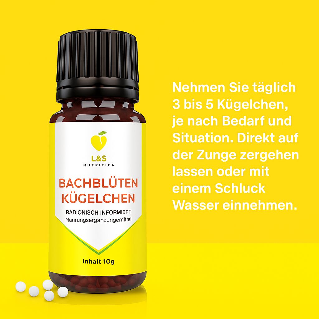 Flacone di vetro marrone con tappo nero ed etichetta gialla. Scritta: Bachblüten Kügelchen, L&S Nutrition. Sfondo giallo con testo.