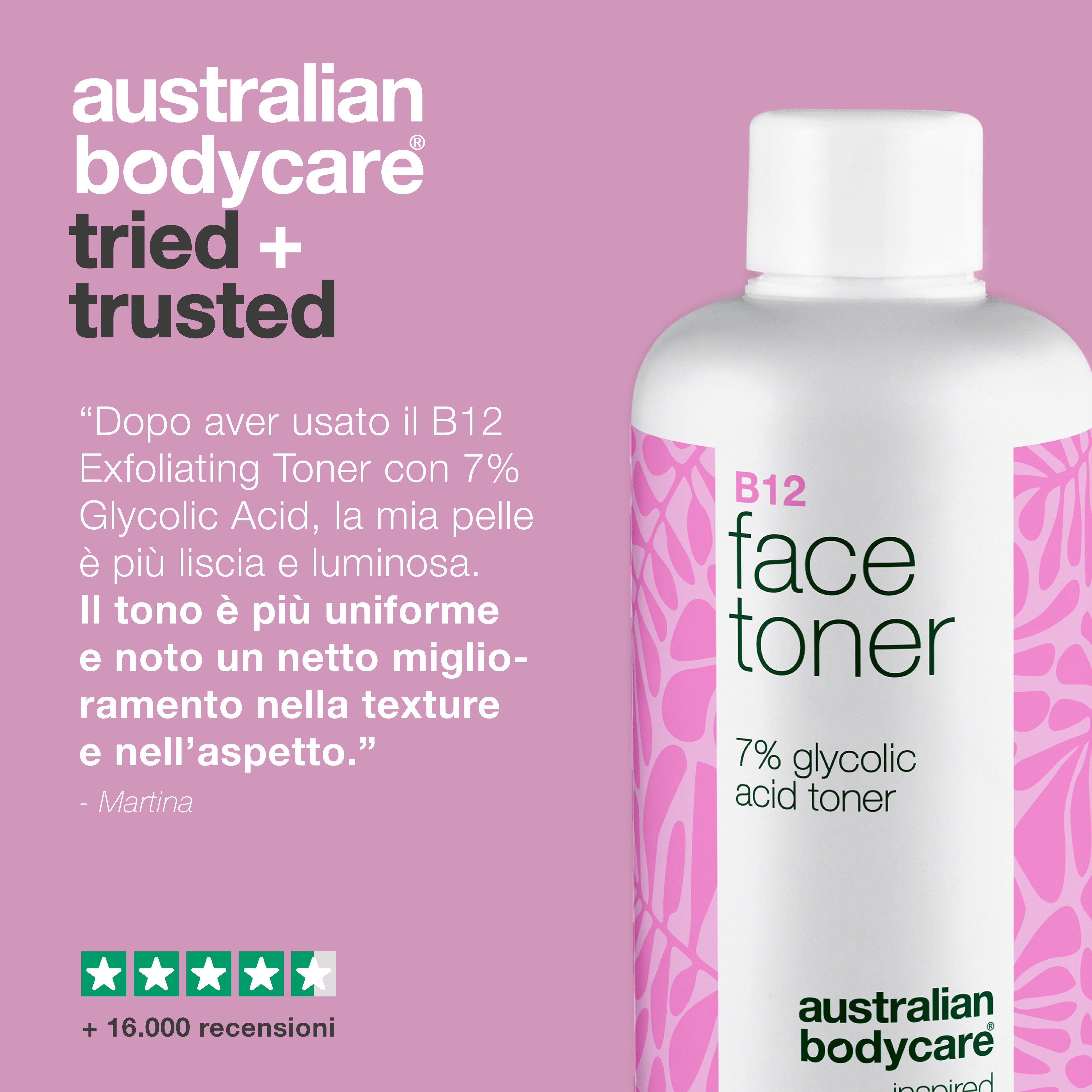 Tonico per il viso con testo. Testo: Provato e fidato. Citazione. Valutazione 5 stelle. +16.000 recensioni.