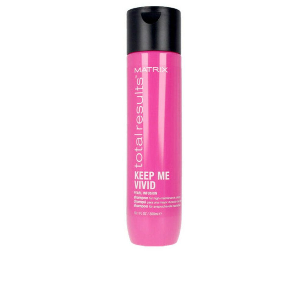 Flacone di shampoo rosa con tappo nero. Scritta: Matrix Total Results Keep Me Vivid. Per capelli colorati.
