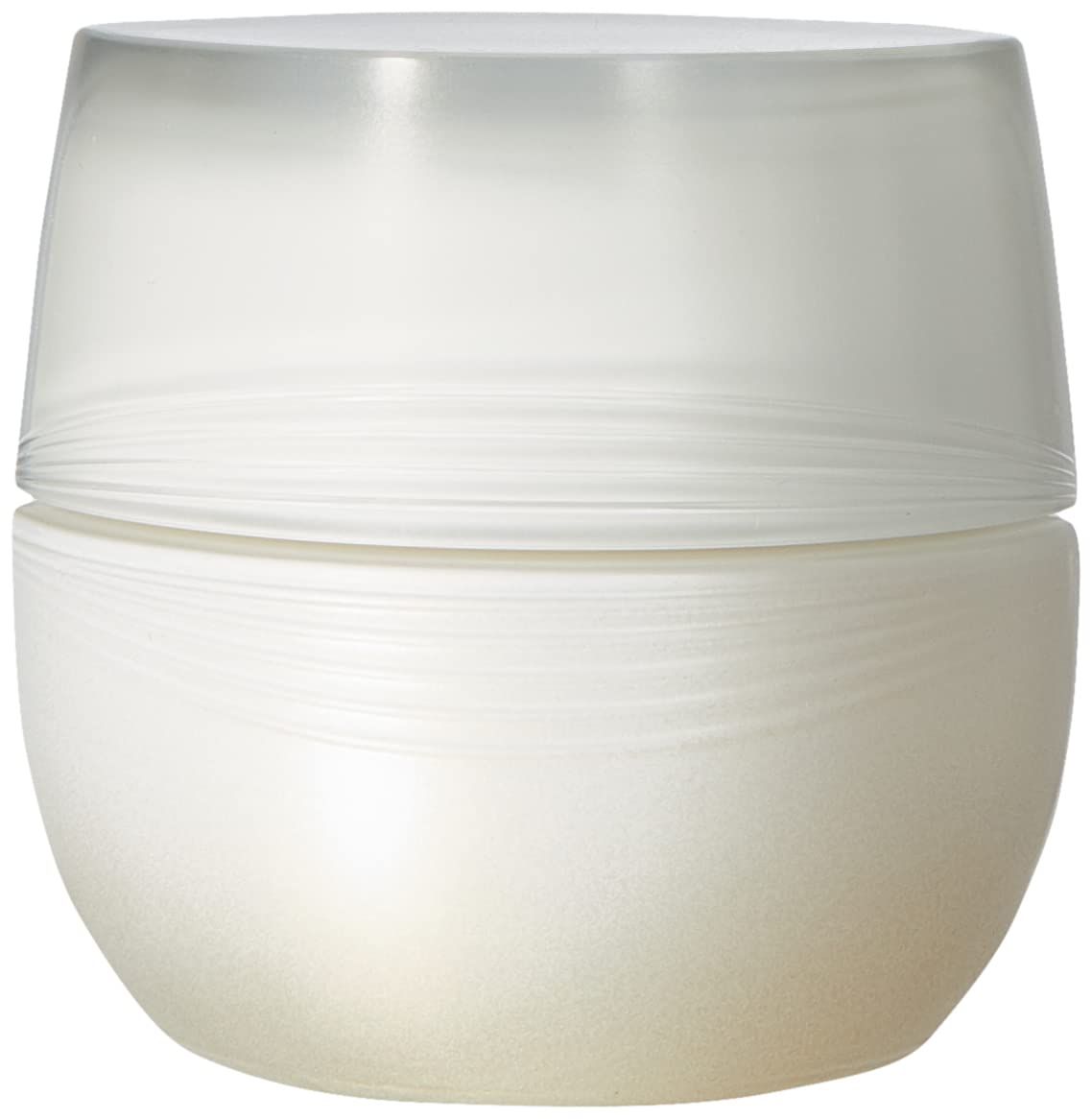 Vaso di crema, vetro bianco, coperchio. Forma rotonda, leggermente bombata. Metà superiore e coperchio trasparenti.