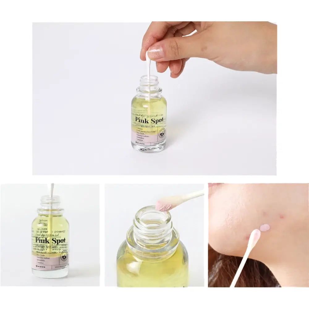 Tre immagini mostrano l'applicazione di Good bye Blemish Pink Spot. Flacone, tampone e applicazione sulla pelle.