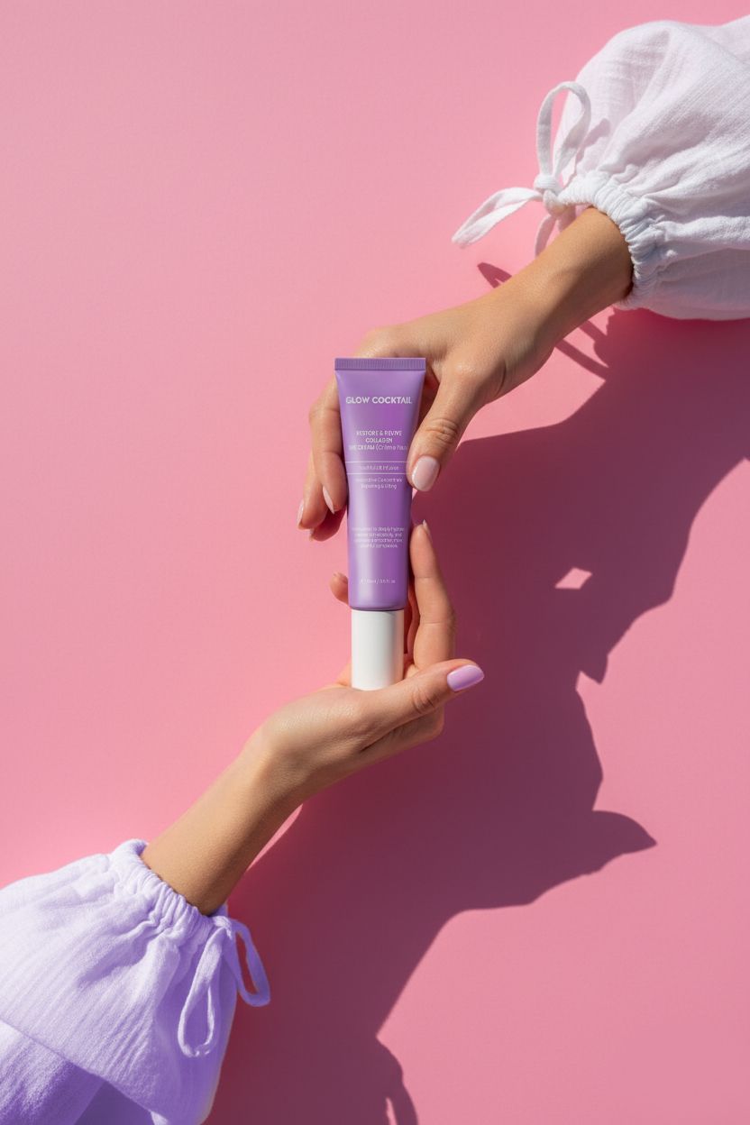Mani che tengono un tubo viola con tappo bianco. Testo: Glow Cocktail, Restore & Revive Collagen Eye Cream. Sfondo rosa.