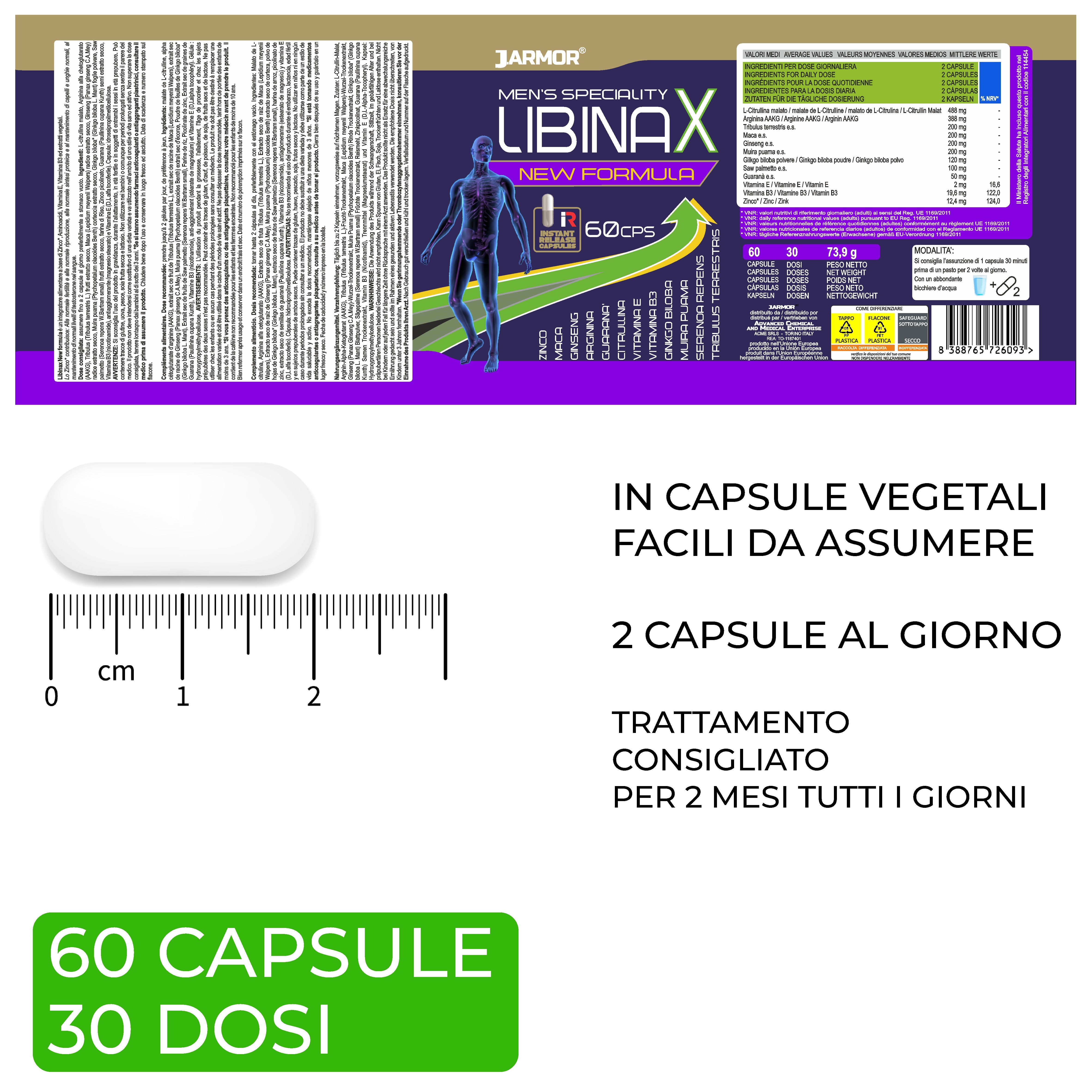 Una capsula e una confezione di "LIBINAX". Testo: 60 capsule, 30 dosi. 2 capsule al giorno.