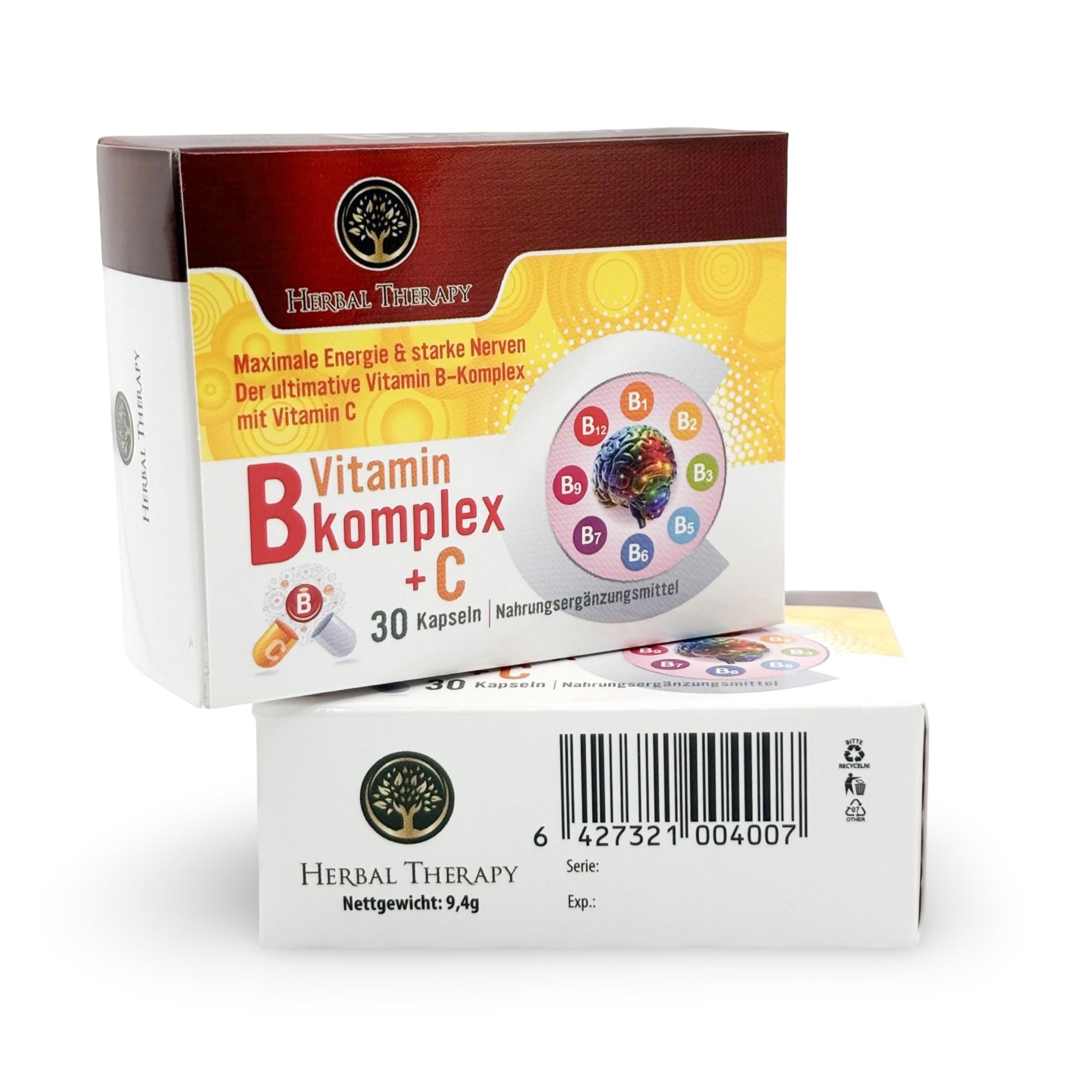 Due confezioni di vitamina B-Komplex + C. Scritta: Herbal Therapy, vitamina B-Komplex + C, 30 capsule. Confezione inferiore con codice a barre.