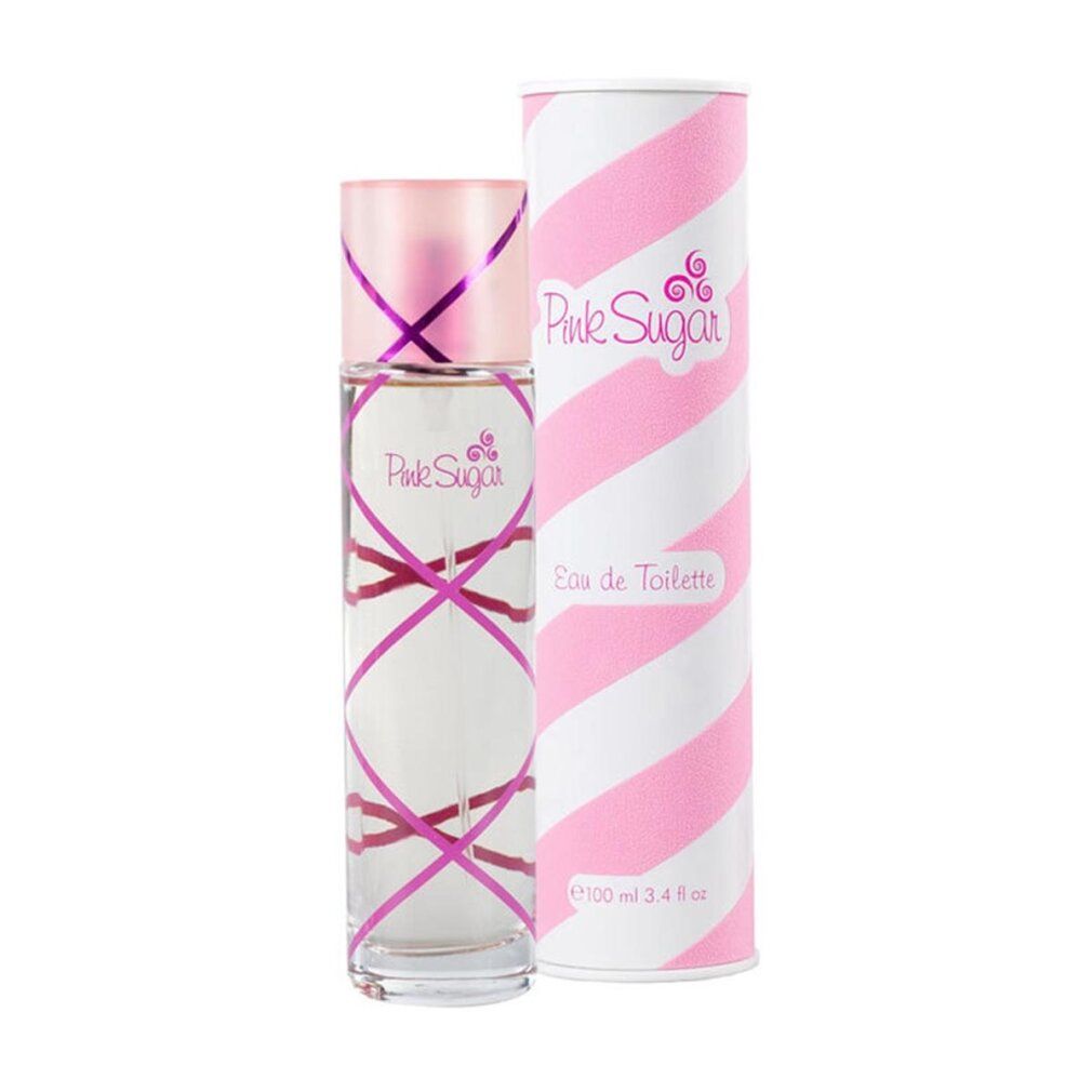 Flacone in vetro e packaging cilindrico. Strisce rosa e bianche. Scritta Pink Sugar e Eau de Toilette.