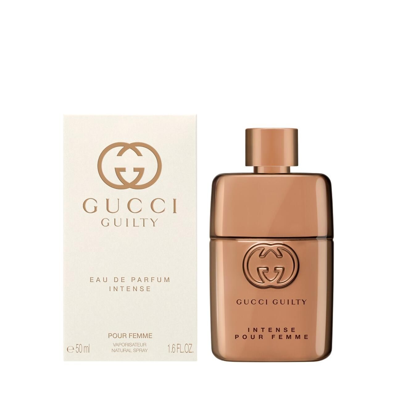 Gucci Guilty Intense Eau de Parfum per Donna e confezione. Flacone e scatola. Logo e nome del prodotto visibili.