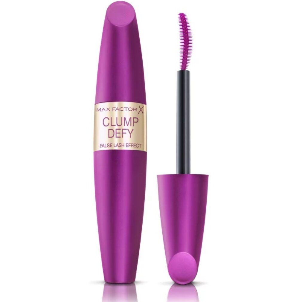 Tubo mascara e spazzola. Contenitore viola, scritta dorata CLUMP DEFY. Spazzola viola.