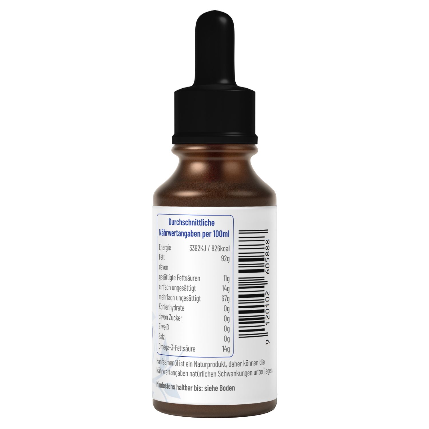 Flacone marrone con contagocce nero. Retro con informazioni nutrizionali per 100 ml. Testo in tedesco. Codice a barre.