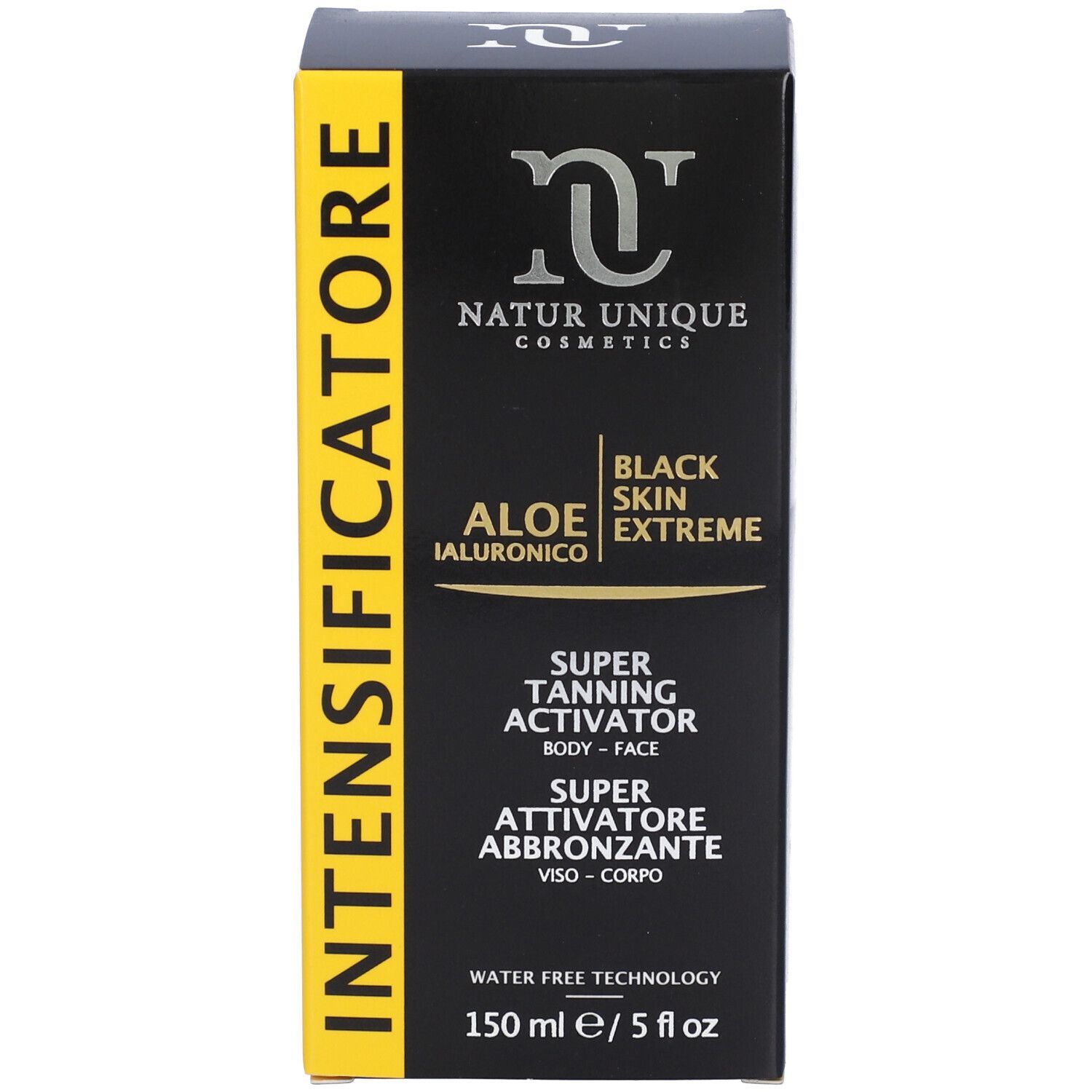 Scatola nera con Natur Unique Cosmetics, Black Skin Extreme, Aloe Ialuronico. Super Tanning Activator, corpo e viso.