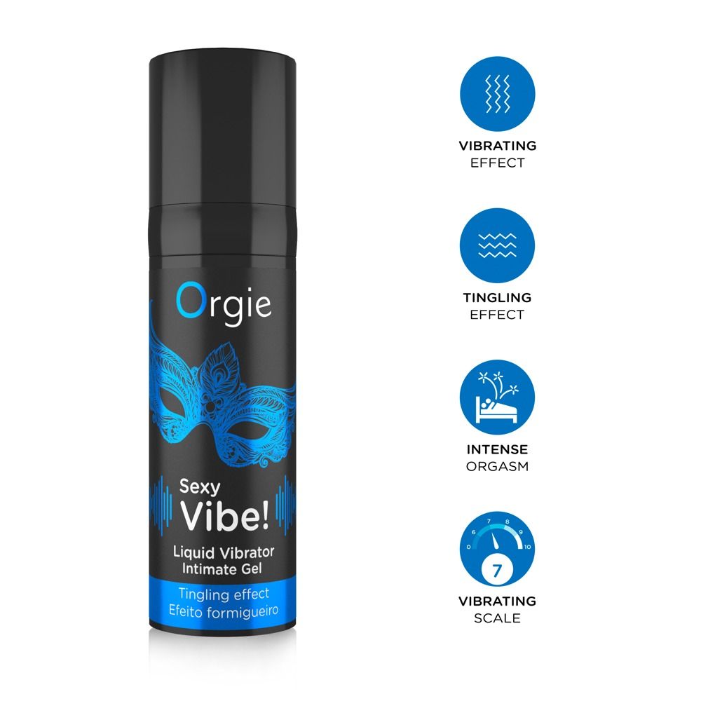 Flacone Orgie Sexy Vibe! Liquid Vibrator con icone per effetti vibranti e stimolanti.