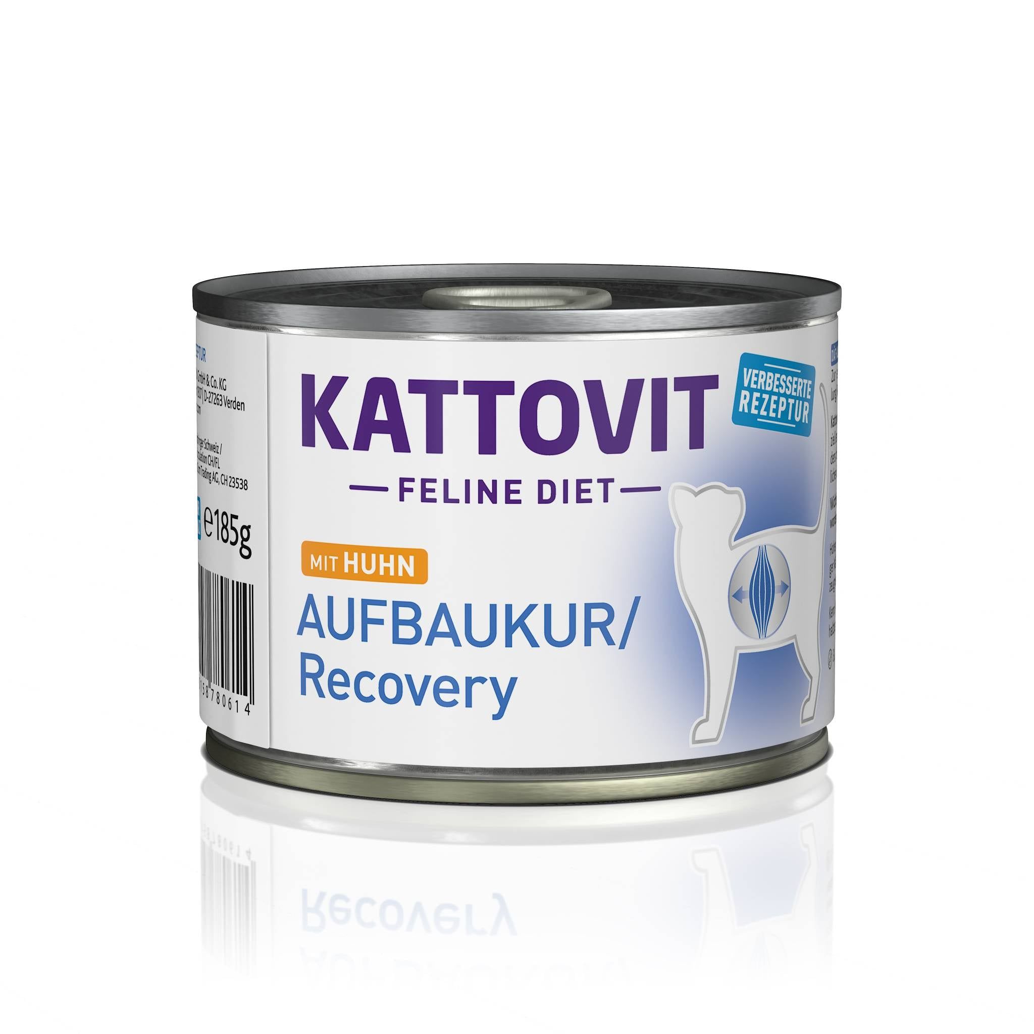 Lattina di cibo per gatti Kattovit. Etichetta bianca, dettagli blu, sagoma di gatto. Testo: KATTOVIT, Aufbaukur/Recovery, con pollo.