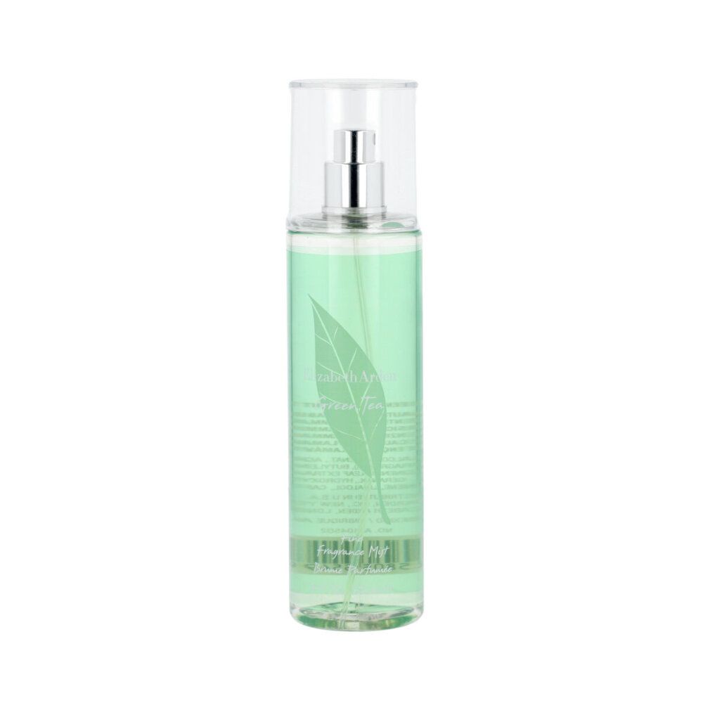 Spray verde con erogatore e tappo. Scritta 'Elizabeth Arden Green Tea'. Logo foglia. Flacone trasparente.