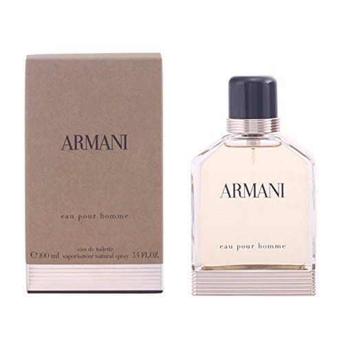 Flacone di profumo e confezione. Scritta: ARMANI, eau pour homme. Flacone con tappo nero e anello argentato.