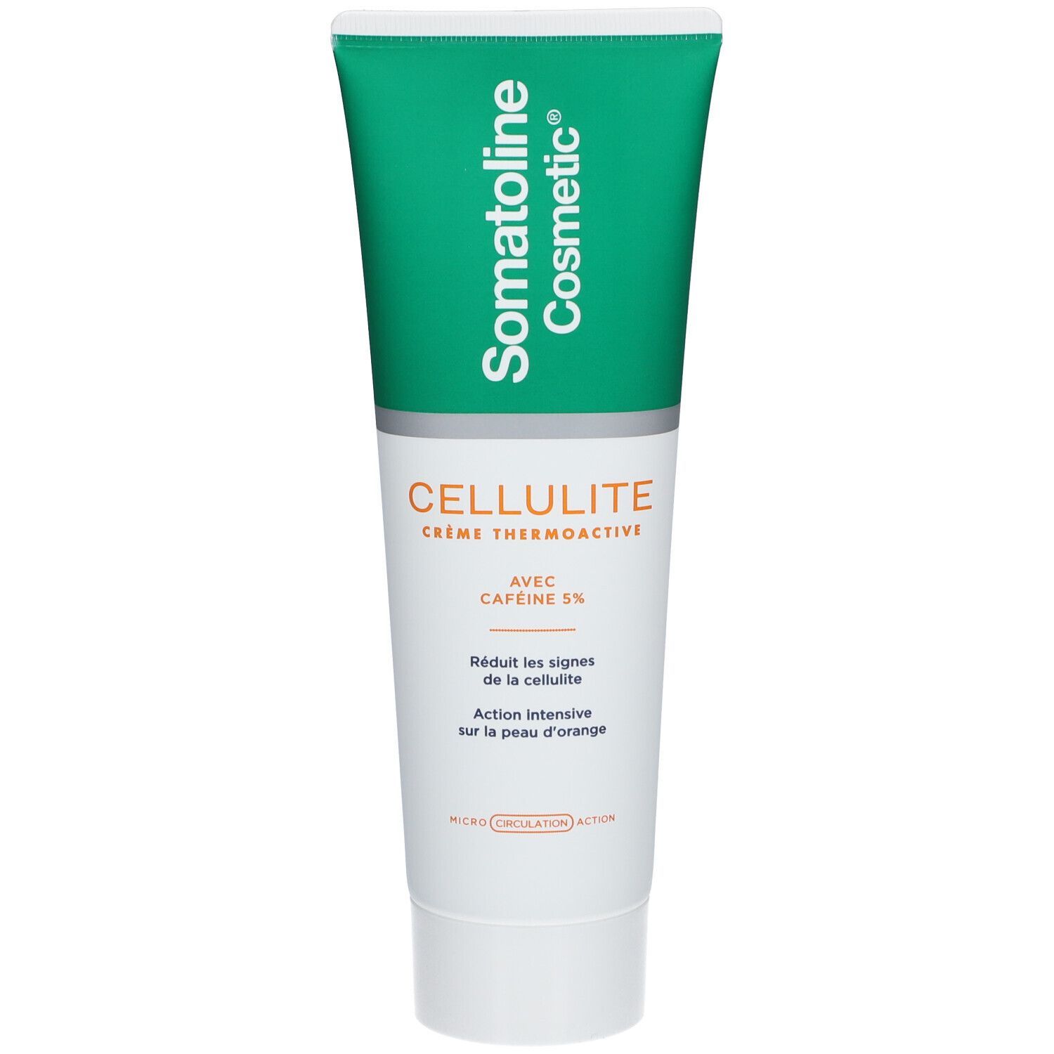 Tubo verde con tappo bianco. Scritta Somatoline Cosmetic e CELLULITE. Contiene caffeina 5%.