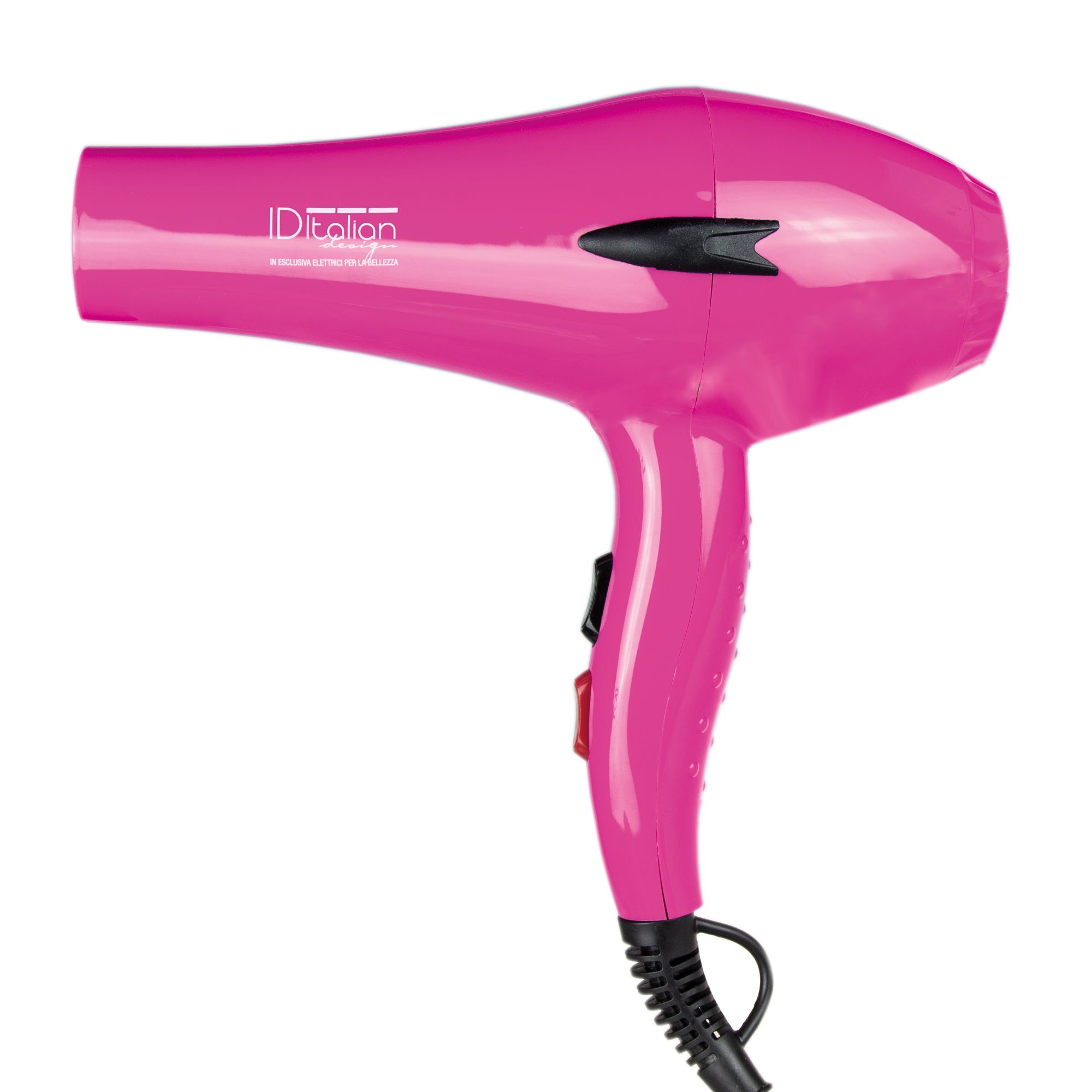 Asciugacapelli rosa con manico e interruttore neri.